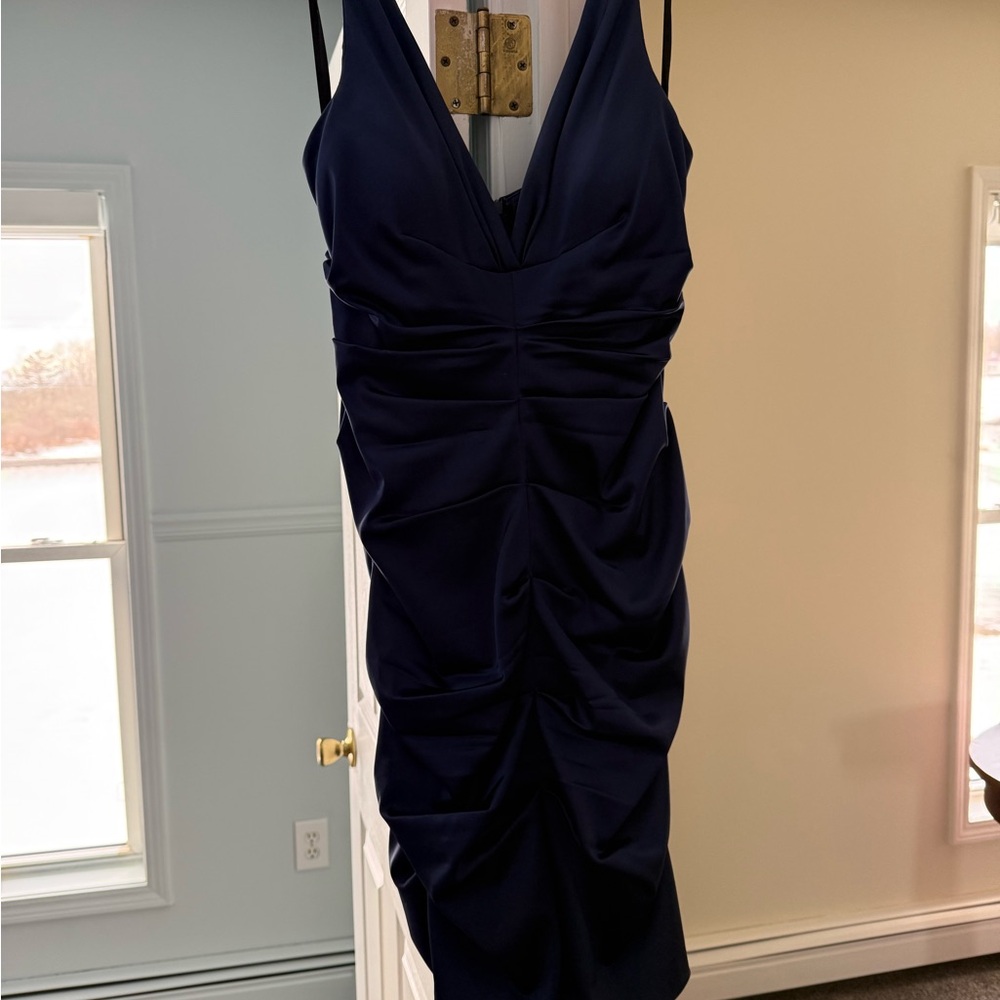 Xscape Deep Blue Ruched Formal Dress